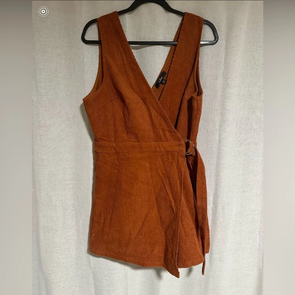 NWOT LULUS Absolutely Cute Rust Orange Corduroy Faux-Wrap Skort Romper - Picture 4 of 8